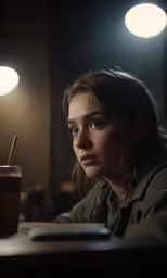 a woman sitting at a table with a coffee cup and light on