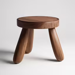 a wooden stool sits on a white surface