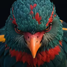 a very colorful bird looks at the camera