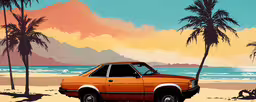 a orange car parked on top of a sandy beach,orange car parked on sandy beach with palm trees