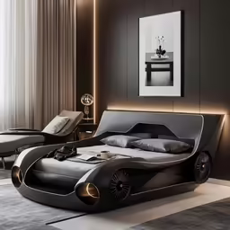 a bed with lights on it sitting in a room