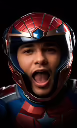 a man wearing a helmet with the open mouth
