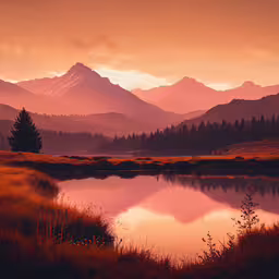 a beautiful sunset over a peaceful mountain lake,the mountains and trees are illuminated by a sunset