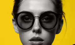 a black and white photo with glasses on her face