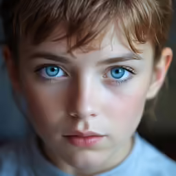 a little girl with blue eyes is looking at the camera