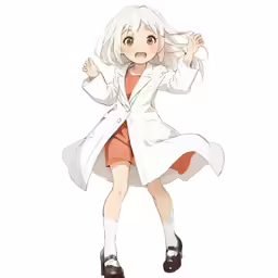 a girl in an orange dress and white coat