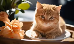 a close up of a cat sitting on a plate