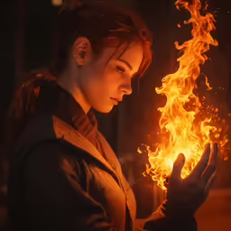 a woman with her hand in a fire
