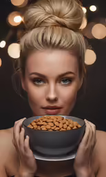 there is a woman holding a bowl of food in her hand