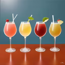 four glasses filled with various alcoholic beverages