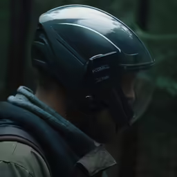 a man wearing a helmet in the woods