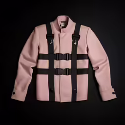 the pink jacket is hanging on a black background