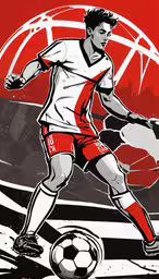 a drawing of a soccer player on a red background,the soccer player is running with a ball