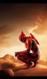 a man in red and black suit kneeling on top of sand