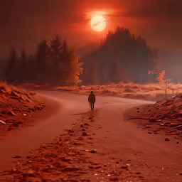 a man walking down a dirt road during sunset