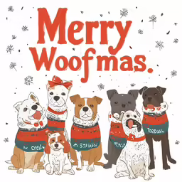 a christmas card features dogs in sweaters and the words merry woofmas