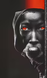a drawing of a black man with red eyes