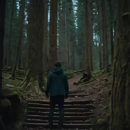 a person walking up some stairs in the woods