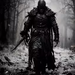 a man dressed in black stands in the woods