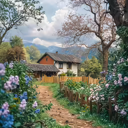 the path runs through a flower - lined yard with a house