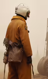 a man in an overcoat standing on a dirty field