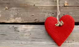 red heart hanging on wooden boards with twine