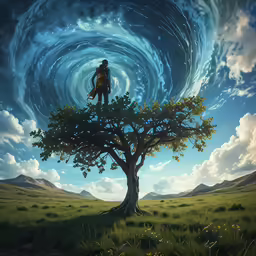 there is a tree that has a man sitting on top of it