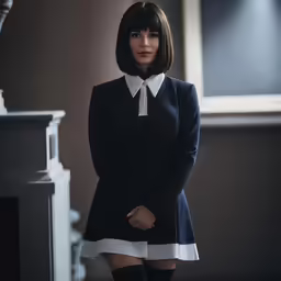 the woman in black is wearing an overcoat and stockings