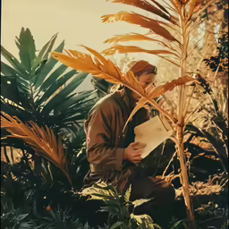 a man kneeling next to a tall plant