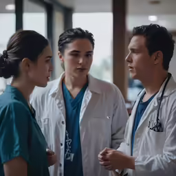 three doctors are talking to each other in the hallway