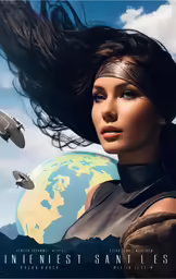 a woman with a blue sky and clouds background