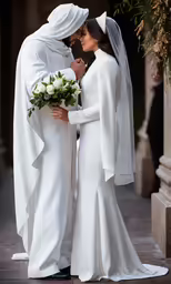 a couple in wedding attire posing together