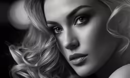 an elegant, blond model with curly hair is posed for a photograph