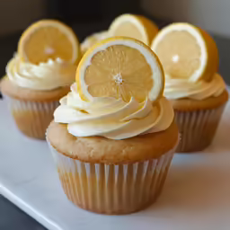 a cupcake with frosting and cut up lemon slices
