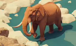an elephant walking across rocks near water