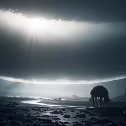 a black and white photo of a horse standing on rocks under a cloudy sky