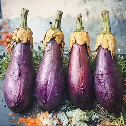 three eggplant and one squash among other, sitting on leafy plants