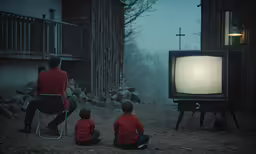 a couple of small children sitting on the floor in front of a tv