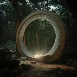 a statue with lights shining in the middle of a forest