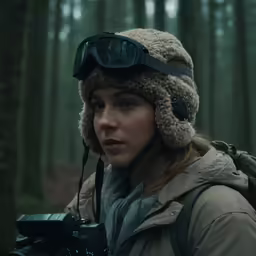young female photographer holding camera and in hat