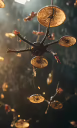 gold clocks hanging from trees and some falling leaves