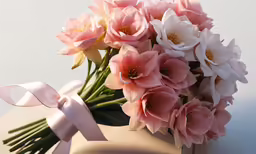 an arrangement of flowers sitting on top of a tan box
