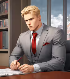 a man with blonde hair, in a suit and tie writing on a piece of paper,a 3d man sitting at a desk in front of a window