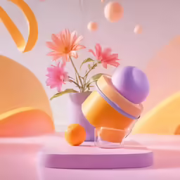 a bottle and flower arrangement in pastel shades