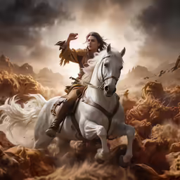 woman on horseback in an animated scene with rocky mountains