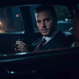 a young man sitting in his car is smoking a cigarette