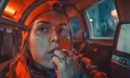 a girl eating something in the back seat of a car