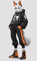 a rendering of an orange and white cat in a black hoodie