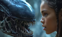 the image is taken from a video game, with an alien woman next to her