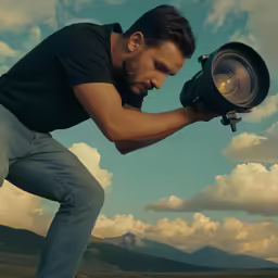 the man holds the lens up with his hands and stands near a mountain